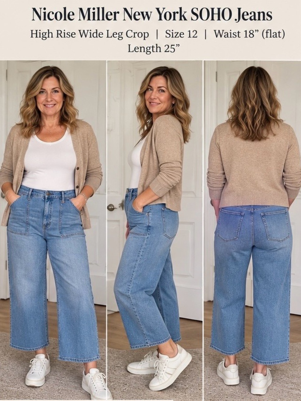 Nicole Miller Soho High Rise Wide Leg Crop Wide Leg Crop Jeans Blue Waist 12